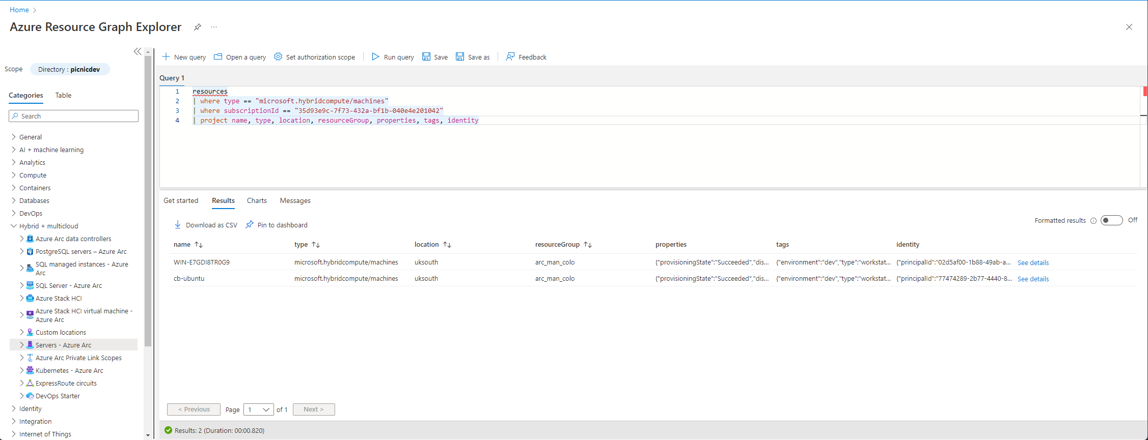 Azure Resource Graph Explorer filtered results