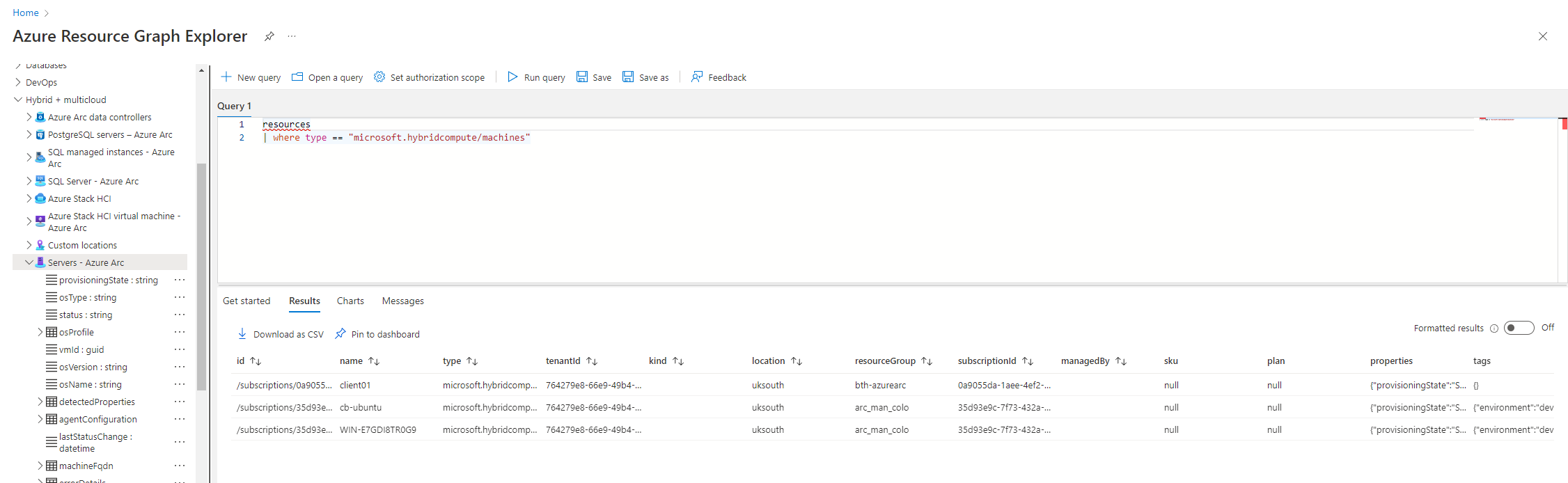 KQL query results using the default query