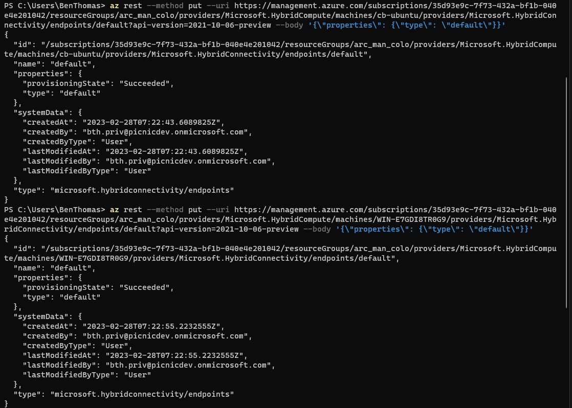 PowerShell running Azure cli to create defaul connectivity endpoint