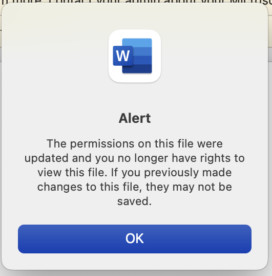 OneDrive permission error: The permissions on this file were updated and you no longer have rights to view this file. If you have previously made changes to this file, they may not be saved.