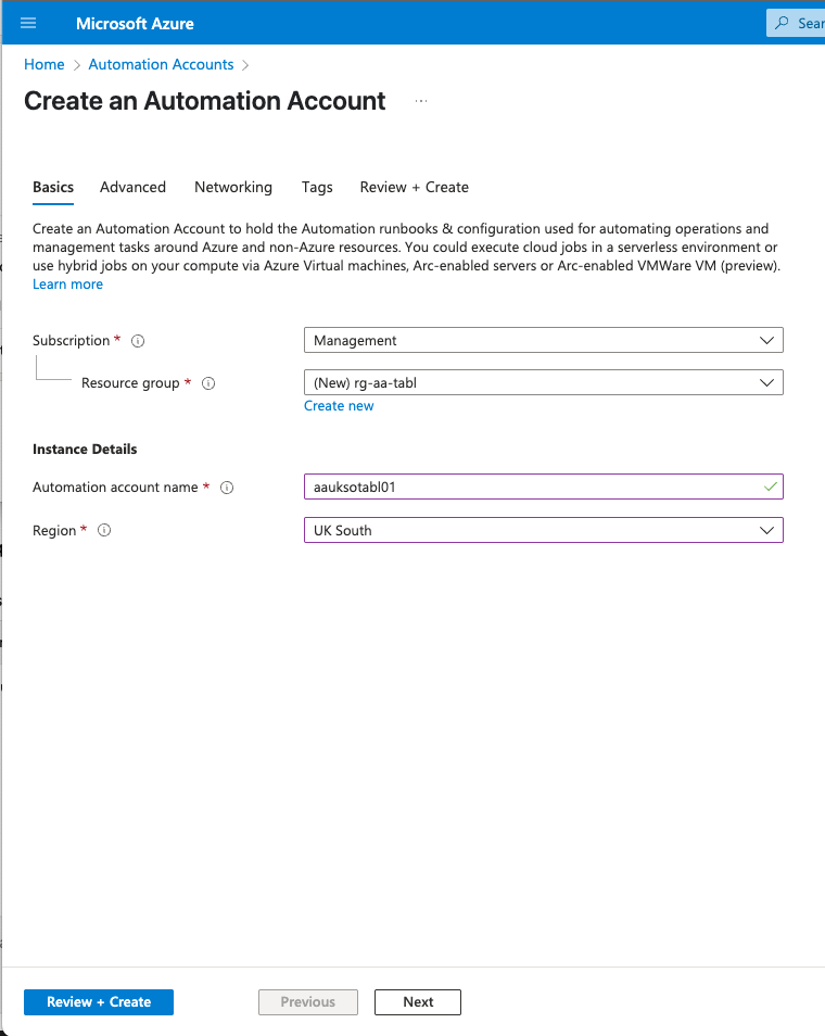 Create Automation Account