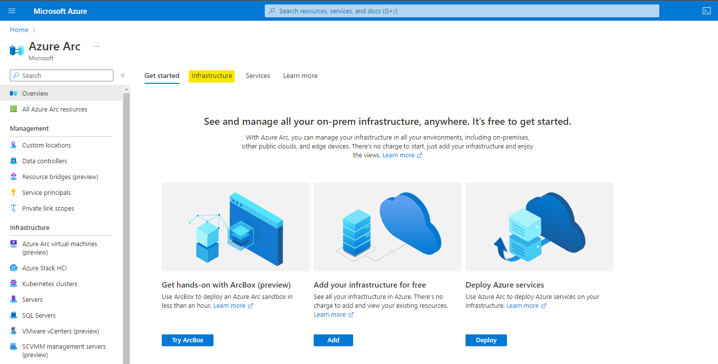 Infrastructure tab on Azure Arc service page