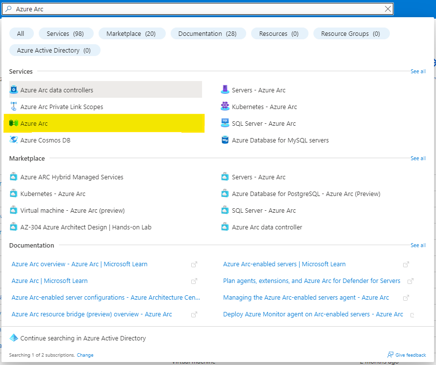 Azure Arc service page in the Azure Portal