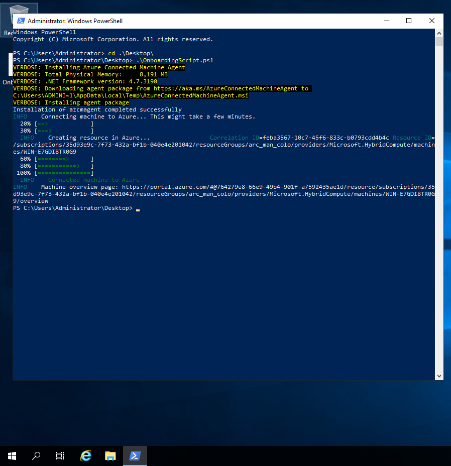 PowerShell output of Azure Arc onboarding script